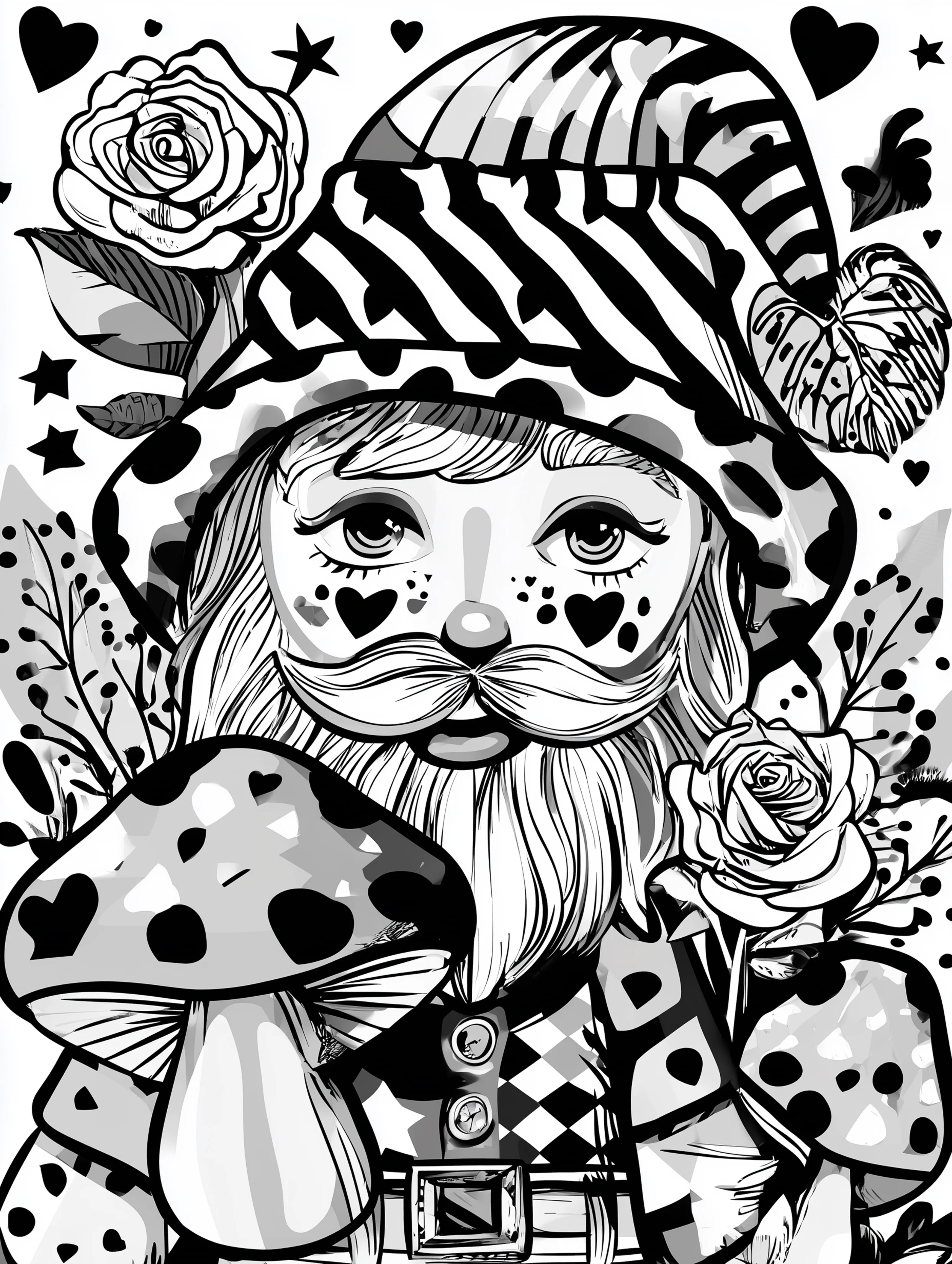 Free printable gnome coloring page for adults featuring a gnome with heart cheeks